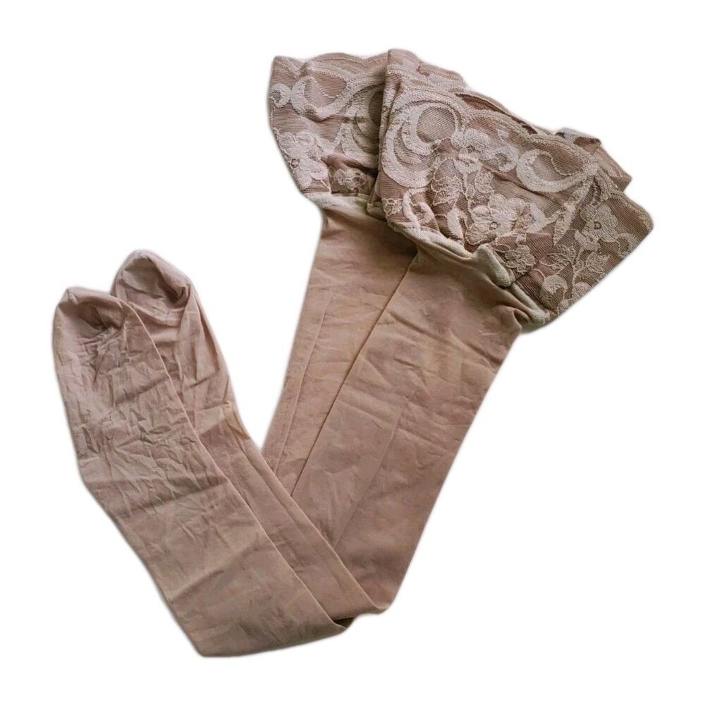 NOS Supreme Caress Sexy Thigh High 3" Lacetop Hosiery Nude Sheer Matte Pantyhose